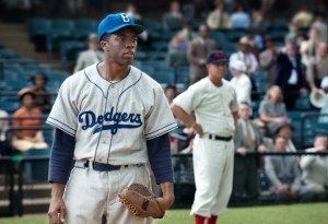 Chadwick Boseman as Jackie Robinson in "42"