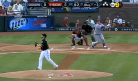 Dodger pitcher Hyun-Jin Ryu gets one of three hits against D-backs pitcher Ian Kennedy on Saturday.