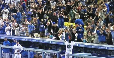 Yasiel Puig takes a bow after his Cuban missile to right field.