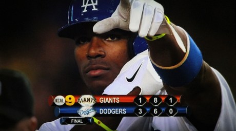 The right-fielding phenom Yasiel Puig after his game-winning RBI single in the eighth.