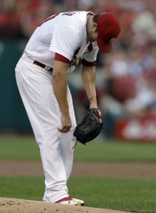 St. Louis pitcher Shelby Miller is obviously in pain after being hit in the elbow by a comebacker.