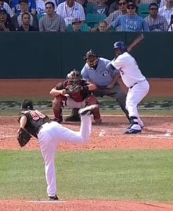 Dodgers third-baseman Juan Uribe connects for a double.